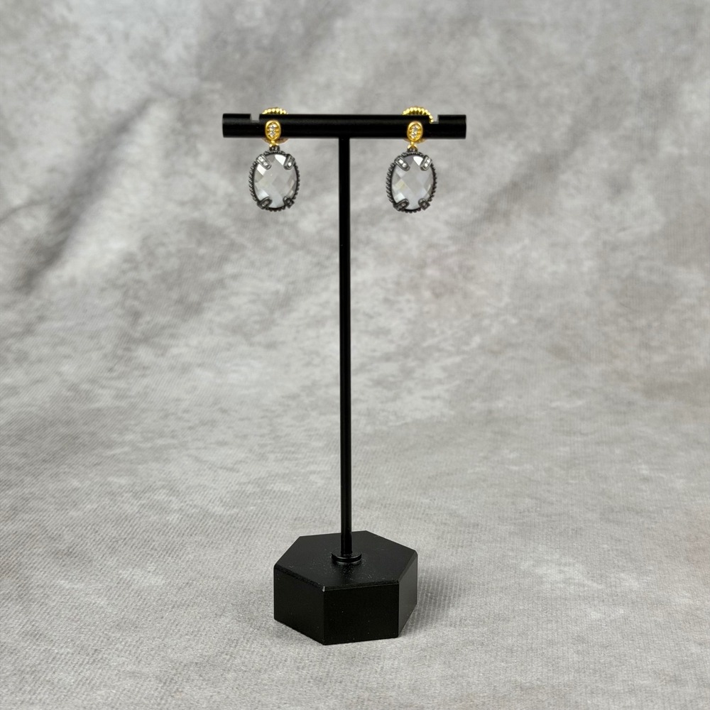 Freida Rothman Two Tone Gold Blackened Silver Oval Drop Earrings CZ Accents
